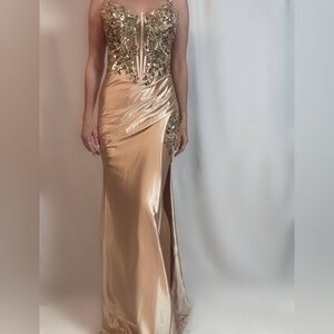 Glamorous Gold Maxi Dress with Embellishments